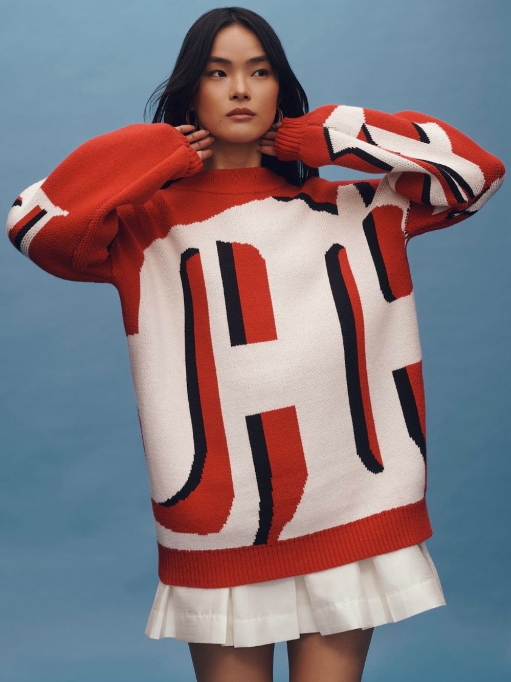 Anthropology Red and White Graphic Knit Sweater - Women